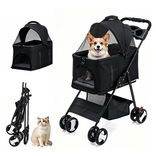 GROZY愛玩動物手押し車犬用猫用3WAY分け隔てる型ワンタッチ折りたたみ取りはずし能力のある軽さ多頭飼い4輪耐摩耗キャリーバッグ旅する用お出かけうしろ押し女性議長超軽さ5.85KG黒いこと