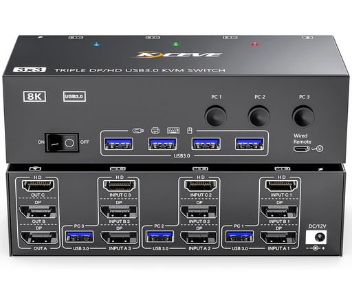 KCEVE8KUSB3.0KVM取り替えっこ3パソコン3管するKVMSwitch、鏡鑑/取りひろげる流行り物(8K@30サイクル/4k@144サイクル)パソコン3台と見せびらかす3台相応う、鍵盤