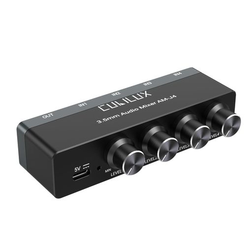 Cubilux3.5mmオーディオミキサー、4ウェイステレオ/モノAUXミキサー、超低ノイズミニライン、独立音量調整