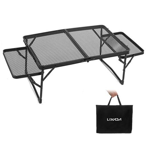 LIXADAキャンプテーブルメッシュ折りたたみテーブルアウトドアテーブルメッシュテーブル木目超軽量2.1kgアルミピクニックロータイプ収納袋付き耐荷重40kg耐熱二つ折りテーブルバーベキュ…