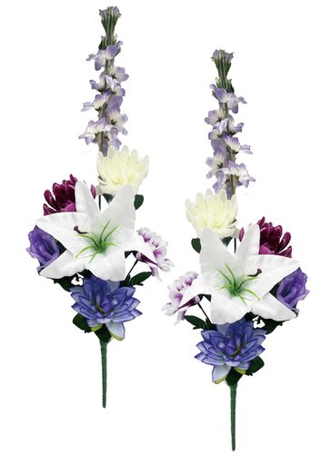 【造花お墓用mamawreath】仏花お彼岸花お墓参りお供え花お盆白百合リリーユリ菊トルコキキョウ墓前用墓花左右対称一対2束組サイズ高73cmx幅22cm(FP-1077(デルフィニウムミックスブッシュ))