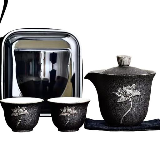 LOVEMIYABI旅行用茶器書き割り2人用超パウダーコンパクト納める薪窯で焼いた手作りの肌目柴焼アウトドアで好いたらしい茶の葉を飾り気のないに旅する/お出かけ用中国茶/日本茶/紅茶の葉ピクニックキャンプ山登り茶壷…