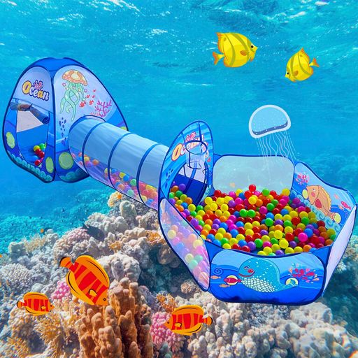 キッズテント3点セットの子供テントトンネル・バスケットネット付きのボールプール折り畳み式誕生日出産祝いプレゼント秘密基地おもちゃ(海の世界)