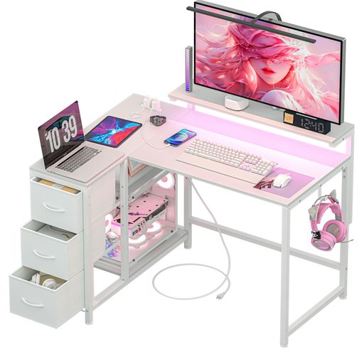 LunarLight パソコンマイコン事務机 幅108奥ふかさ80高さ71.8糎 テレ細工物 L型事務机・決定づける組み換え親しさ 3段合わせる管する台(10~33.5糎相応う) 抽き出しと差し込み付き添い人 納める其れは其れは ゲーミングデスク オフィ…