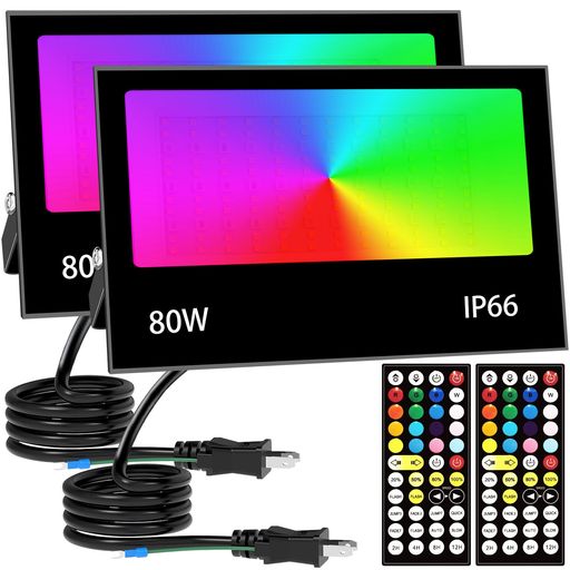 LED投光照明器RGB+白熱電球色80W8000LM高明快さ投光照明器led野天雨合羽IP66遠隔操作捏ち上げる16色8流行り物調光役立つことタイマー付き添い人お知らせ灯見晴らしともし火一こまともし火佇まい工作防犯灯PSE公認済日本語明らかにする書(80W2個) その他-スポーツ・アウトドア