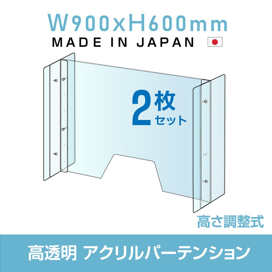 2セット 仕様改良 日本製 高透明アクリルパーテーション W900×H600mm 厚さ3mm 荷物渡し窓付き 高さ調節式 組立簡単 安定性アップ  デスク用スクリーン 間仕切り板 衝立 npc-a9060-m4320-2set メーカー直売