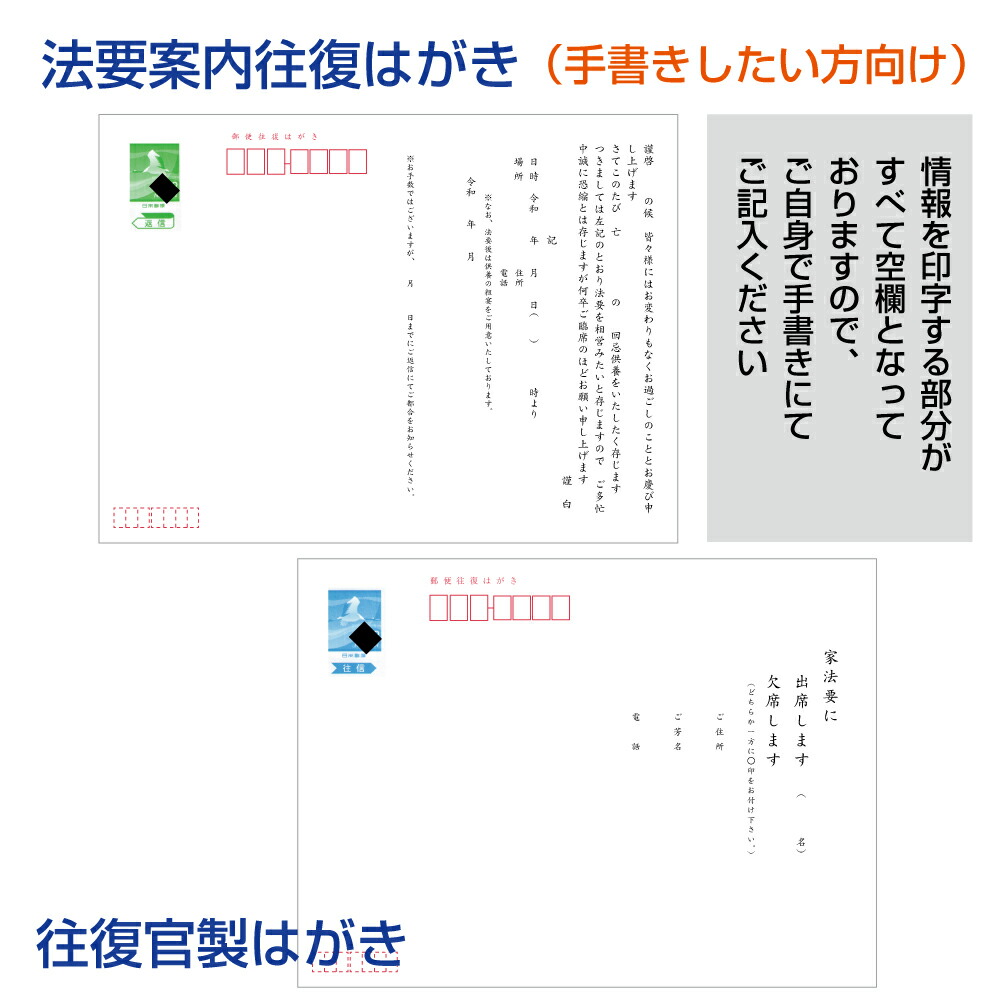 楽天市場】法事 案内 挨拶状 20枚 往復官製ハガキに印刷 85円切手付