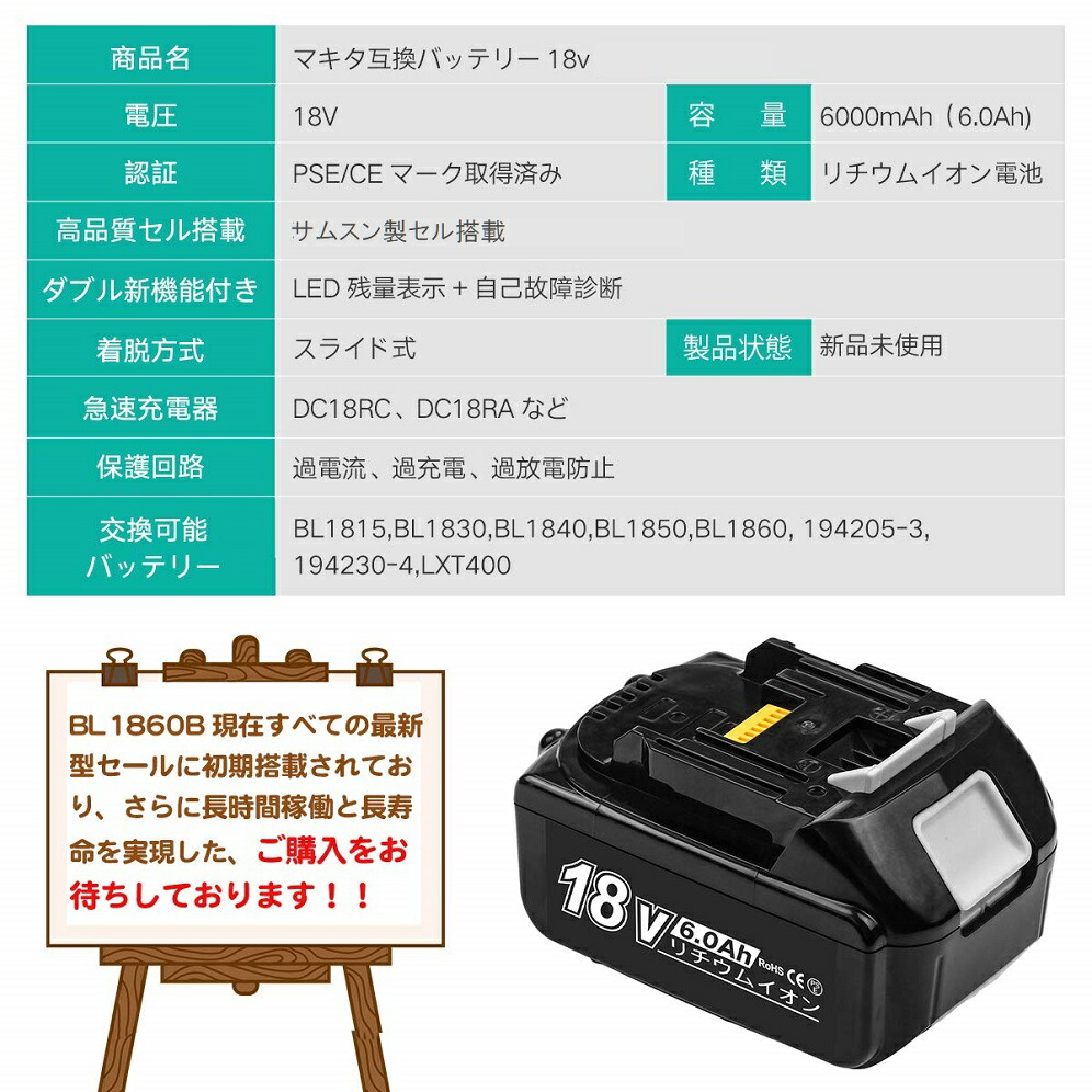 楽天市場 ハイグレードタイプ Bl1860b マキタ 18v 6 0ah 6000mah マキタ 互換 バッテリー Samsung サムスン製セル搭載 リチウムイオン 蓄電池 インパクトドライバー ドリル 電動工具 ハンディー クリーナー コードレス 掃除機 交換用電池 Tanachii Shop 楽天市場店