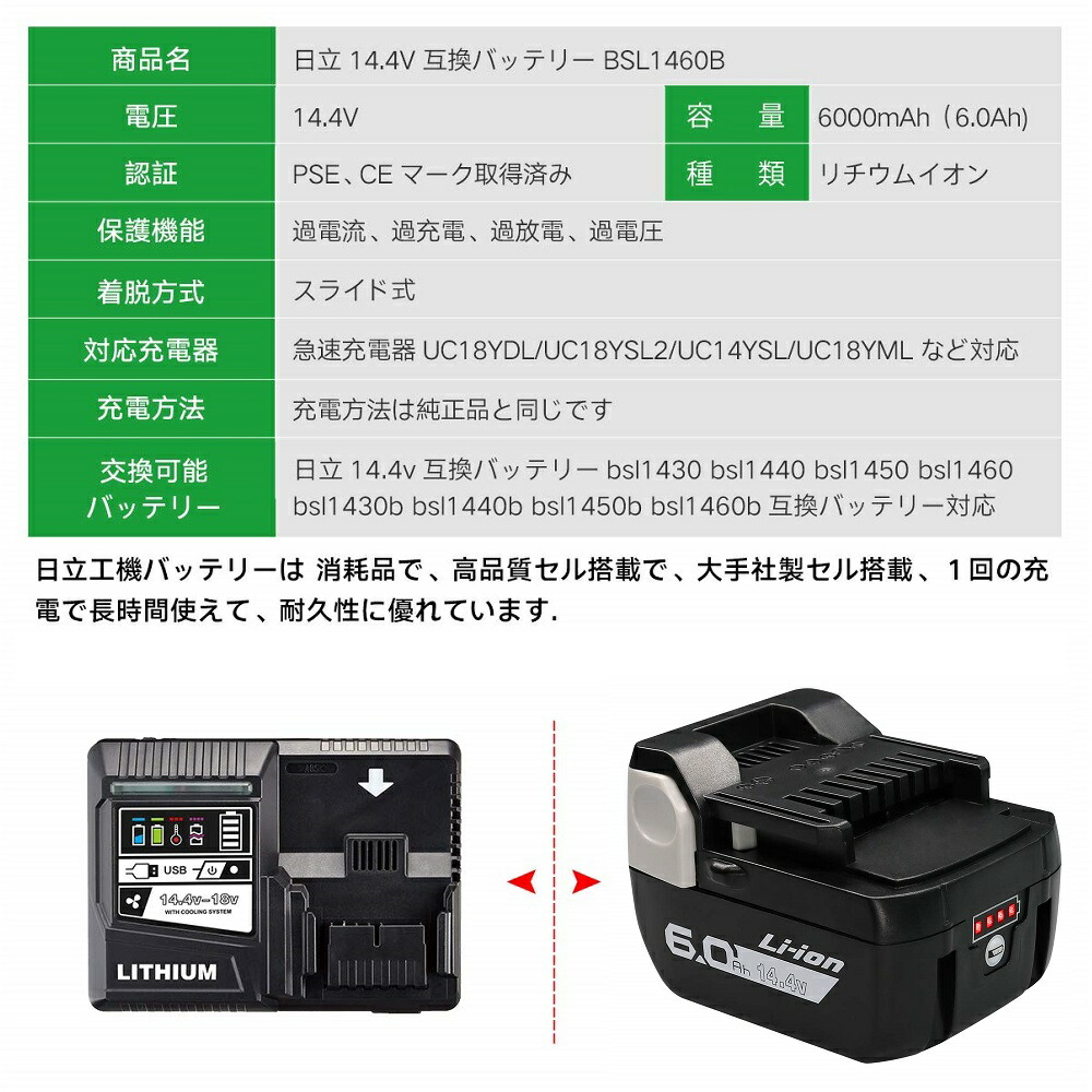 6 0ah Bsl1460b 6000mah Lg製 ２個セット 最新型高級グレード高品質セル搭載 ２個セット 14 4v Lg製 リチウムイオン Li Ion 6000mah 日立工機 交換用電池 日立 Hikoki互換バッテリー インパクトドライバー 電動工具 ハンディークリーナー コードレス掃除機 純正充電器対応