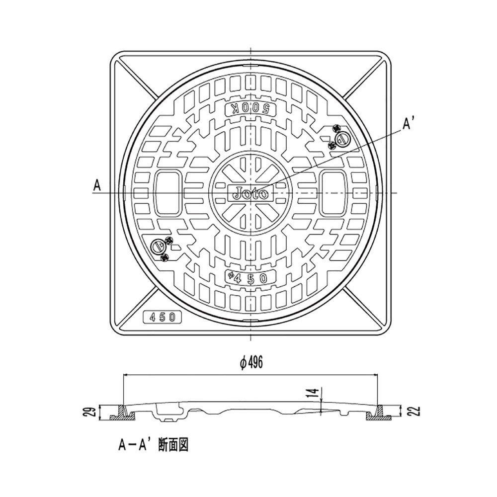 JOTO 脂ﾏﾝﾎｰﾙ  耐圧2t  黒 : JT2-450A-1 角枠付 ﾛｯｸ付∴∴