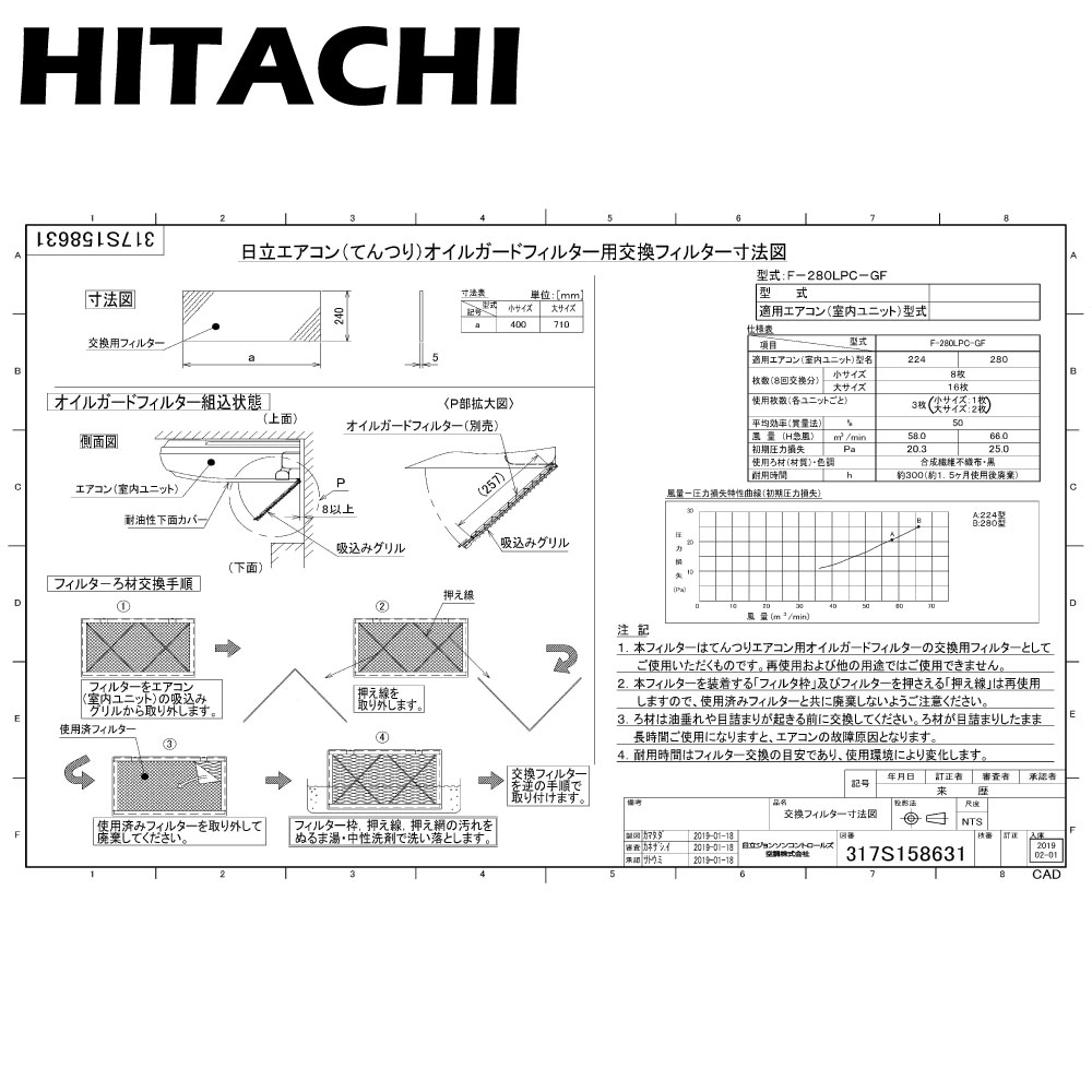エアコン用交換カートリッジ エフ-1 楽天市場】日立 F-160LPC-GF (天吊 RPC-GP112K~160K用) : ｵｲﾙ