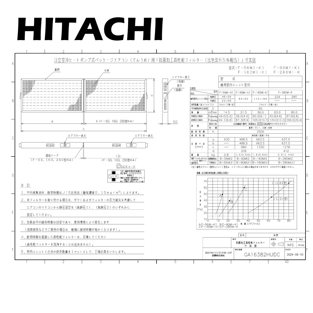 日立 F-160MI-K1 (天埋中高静 RPI-GP112K～160K用) : 抗菌加工高性能ﾌｨﾙﾀｰ 比色法65%&there4;｜たね葉