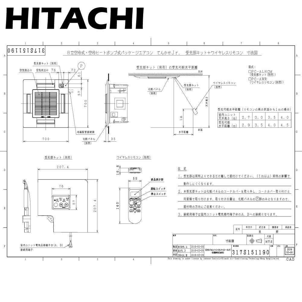 日立 業務用エアコン ワイヤレス受光部キット てんかせ2方向用 PC-ALHD2 ワイヤレスリモコン（単方向）：日立グローバルライフ