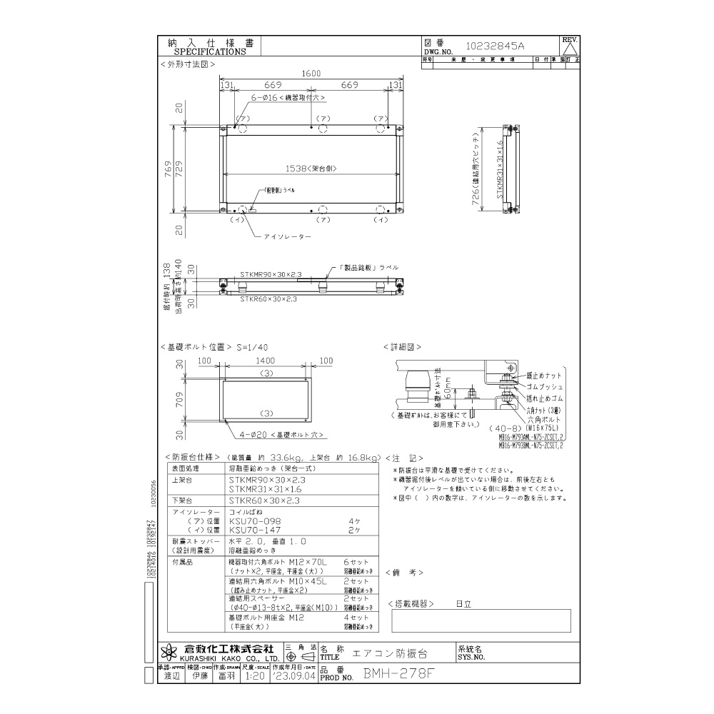 倉敷化工製 防振架台 : BMH-278F