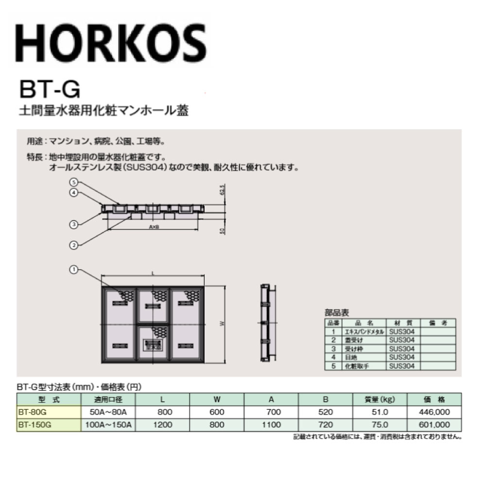 ﾎｰｺｽ BT-80G  800x600(700x520) : 土間量水腕っこきかざり付けるﾏﾝﾎｰﾙ蓋∴HORKOS･