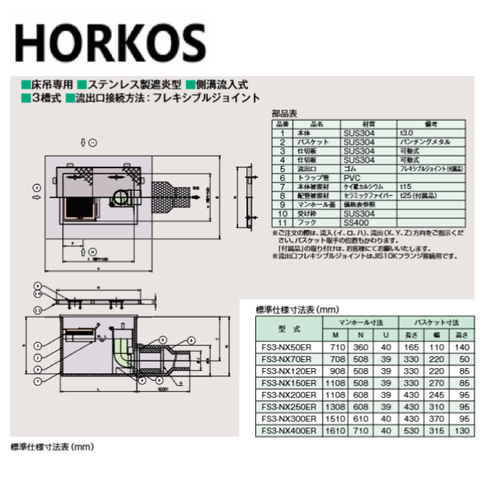 ﾎｰｺｽ FS3-NX200ER + ｽﾃﾝﾚｽ製蓋 : SUS遮炎型ｸﾞﾘｽ阻集器 雨うけ流入  床吊 ｽﾃﾝﾚｽ製蓋∴HORKOS･ｸﾞﾘｰｽﾄﾗｯﾌﾟ 阻集器 勝手もと 水抜き 桝 ﾏｽ･ 木材・建築資材・設備-その他-花・ガーデン・DIY