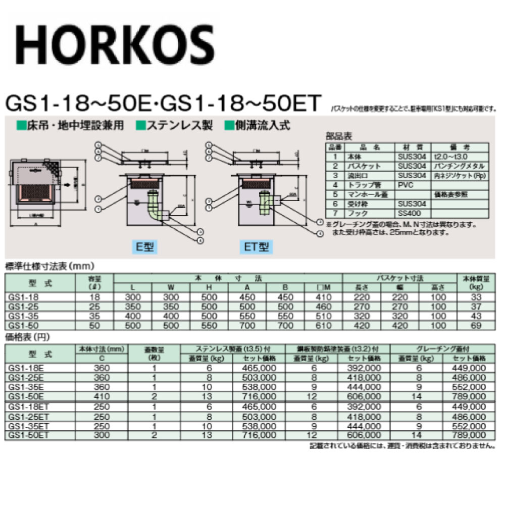 ﾎｰｺｽ GS1-25E + 鋼板製防錆ペンキ塗り蓋 : SUS 水抜き用ﾊﾞｽｹｯﾄ桝 床吊 地中埋設兼用 雨うけ流入∴HORKOS･
