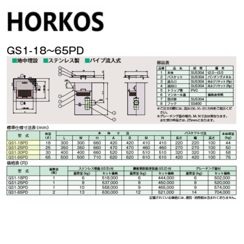 ﾎｰｺｽ GS1-18PD + 鋼板製防錆塗り付ける蓋 : SUS 水抜き用ﾊﾞｽｹｯﾄ桝  地中埋設 ﾊﾟｲﾌﾟ流入∴HORKOS･