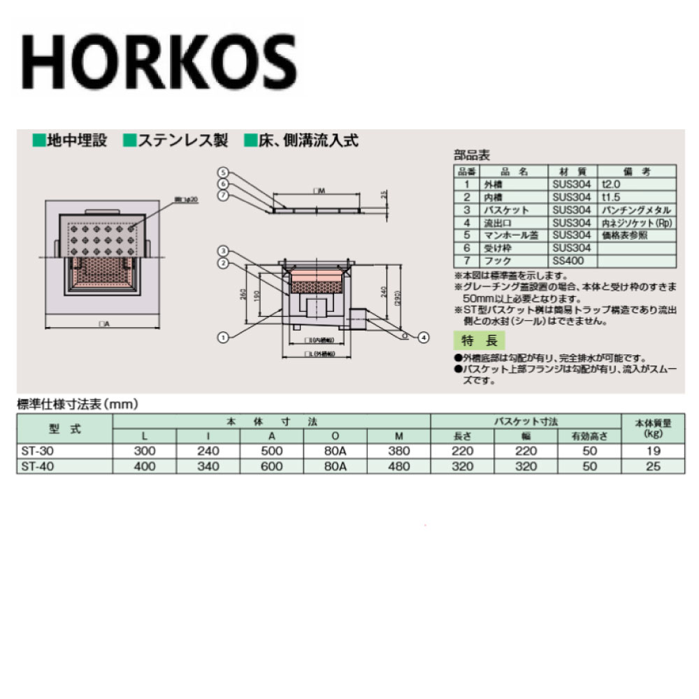 ﾎｰｺｽ ST-30  SUSﾊﾟﾝﾁﾝｸﾞ平蓋付 : SUS 勝手もと用ﾊﾞｽｹｯﾄ桝 床雨うけ流入∴HORKOS･