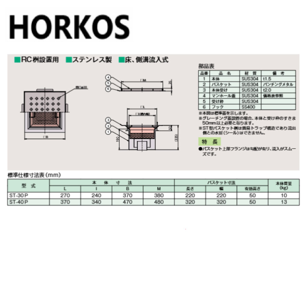 ﾎｰｺｽ ST-40P  SUSﾊﾟﾝﾁﾝｸﾞ平蓋付 : SUS 勝手もと用ﾊﾞｽｹｯﾄ桝 床雨うけ流入  RC桝設置用∴HORKOS･