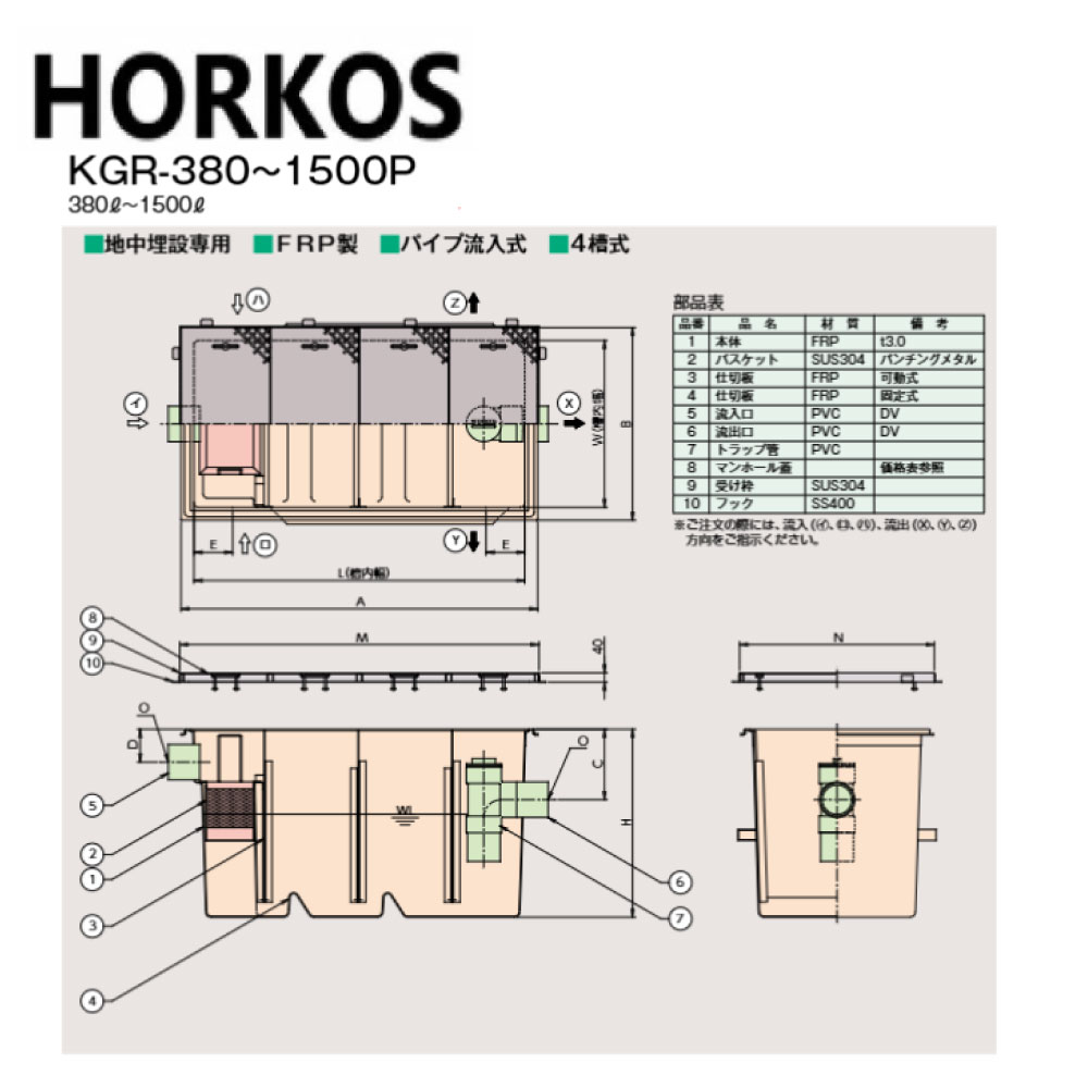 ﾎｰｺｽ KGR-500P + 鋼板製蓋 軽荷重 T-2 : FRPｵｲﾙﾄﾗｯﾌﾟ ﾊﾟｲﾌﾟ流入埋設型 + 鋼板製蓋T-2軽耐 &there4;｜たね葉