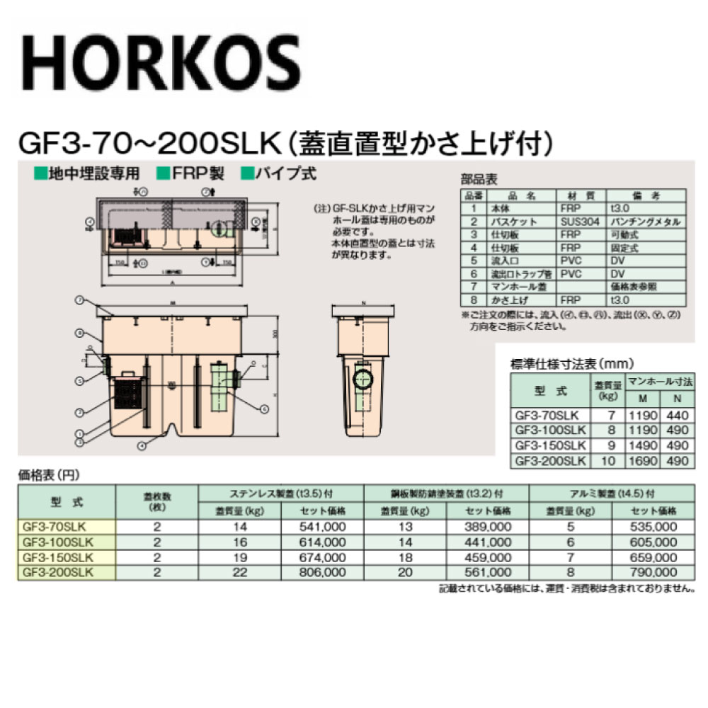 ﾎｰｺｽ GF3-70SLK + 鋼板製蓋 無掛け目 T-0 (直置式) : FRPｸﾞﾘｽﾄﾗｯﾌﾟ ﾊﾟｲﾌﾟ流入埋設型 + 鋼板製蓋T-0耐無 直W∴HORKOS･ｸﾞﾘｰｽﾄﾗｯﾌﾟ 阻集器 御厨子所 水抜き 桝 ﾏｽ･