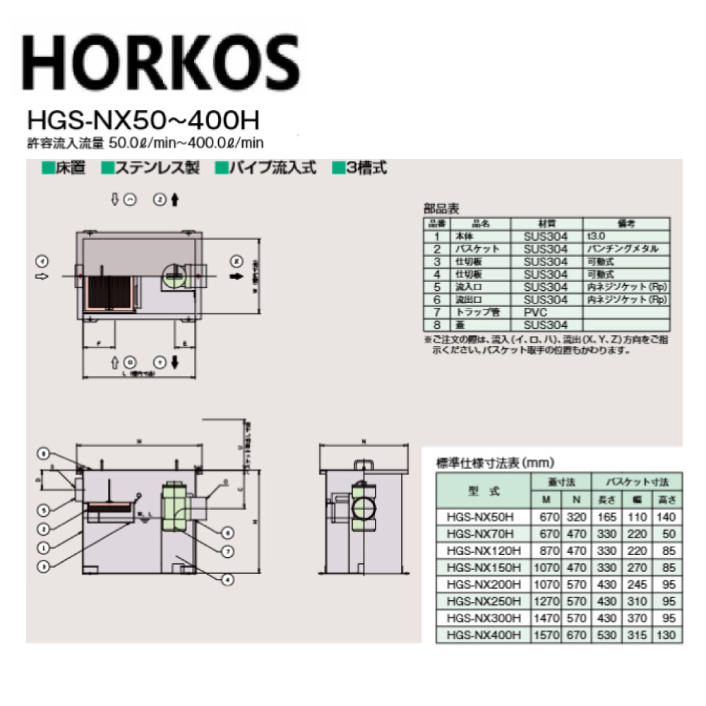 ﾎｰｺｽ《HGS-NX50H》ｽﾃﾝﾚｽ製 床置型ｸﾞﾘ-ｽ阻集器 ﾊﾟｲﾌﾟ流入 3槽式 : HGS-NX50H∴HORKOS･ｸﾞﾘｰｽﾄﾗｯﾌﾟ 阻集器 勝手もと 水抜き 桝 ﾏｽ･