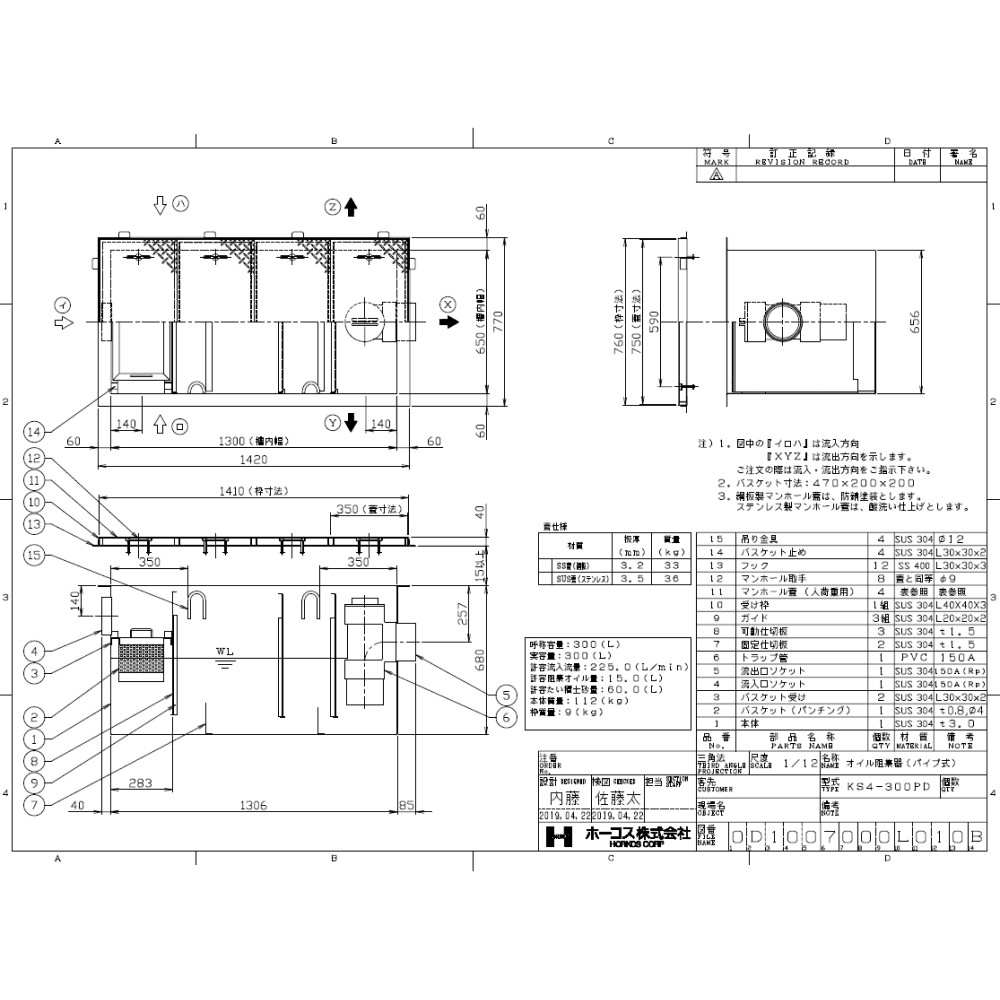 ホーコスFRPオイルトラップパイプ流入埋設型+SUS蓋T-2軽耐:KS4-300PD+SUS蓋軽荷重T-2∴