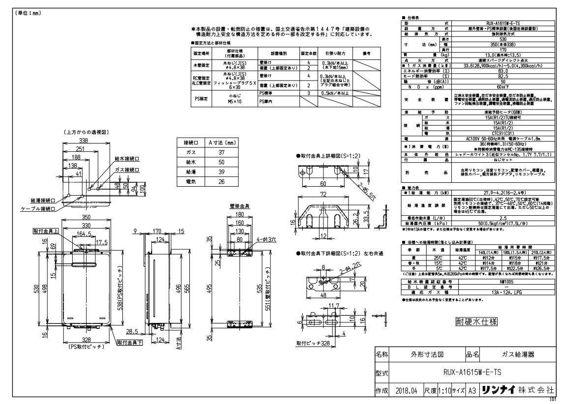 ﾘﾝﾅｲ ｶﾞｽ給湯 給湯専用 RUX-Aｼﾘｰｽﾞ :RUX-A1615W-E-TS 23-5353 ∴∴ 新商品!新型