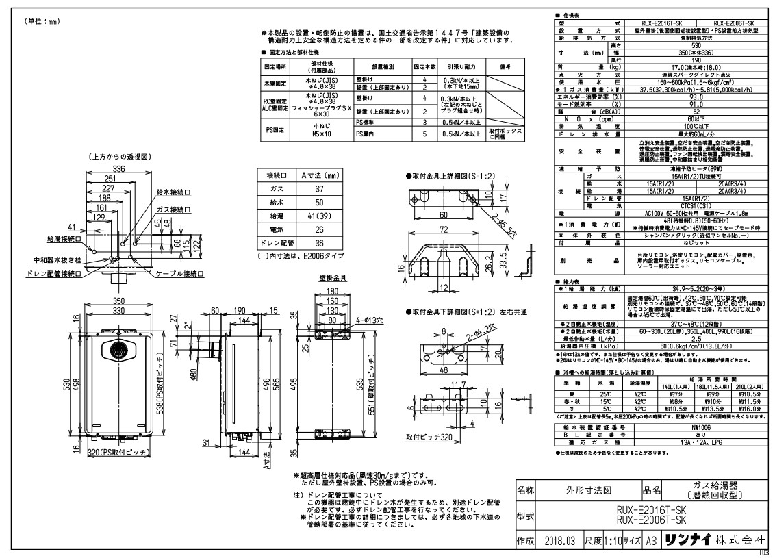 リンナイ RUX-E2006T-SK LPG (23-8387) : エコジョーズ 給湯専用 RUX-Eシリーズ ∴|たね葉