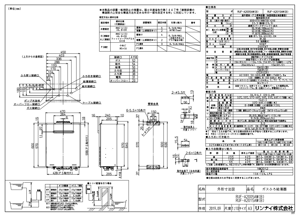 リンナイ【RUF-A2015AW(B)】ガスふろ給湯器 リモコンセットRinnai www