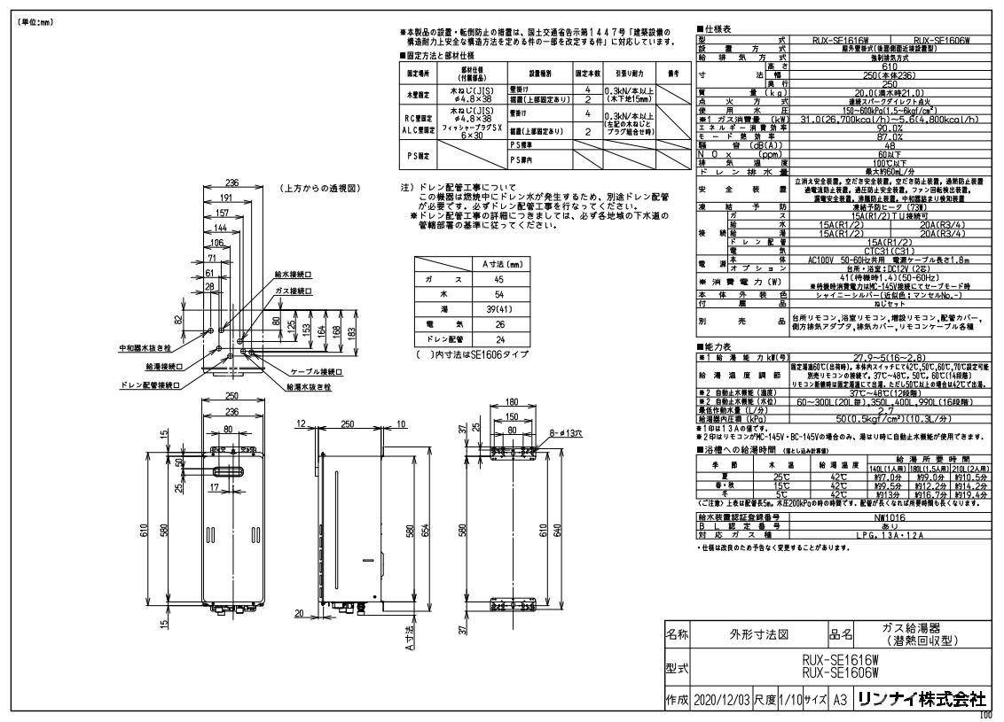 ﾘﾝﾅｲ ｴｺｼﾞｮｰｽﾞ 給湯専用 RUX-SEｼﾘｰｽﾞ :RUX-SE1616W (23-3696)∴∴ 住宅