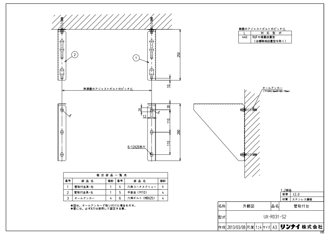 【楽天市場】ﾘﾝﾅｲ UX-R031-S2壁取付台 (21-0627) : 給湯ｵﾌﾟｼｮﾝ ∴：たね葉