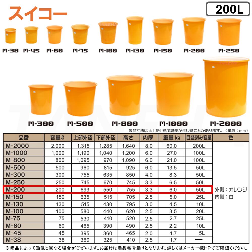 ⊥･ ◎ｽｲｺｰ 《M-200》 M型容器 200L (外側:ｵﾚﾝｼﾞ 内側:白) ﾎﾟﾘｴﾁﾚﾝ製 目盛付丸型開放容器∴農作物,水産物の洗浄仕分け,食品加工,仕込み作業
