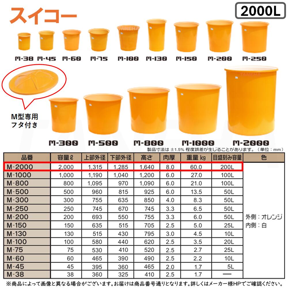 ⊥・ ◎スイコー 《M-2000-FUTASET》 M型容器+専用フタ付きセット 2000L (外側:オレンジ 内側:白) ポリエチレン製 目盛付丸型開放容器∴農作物,水産物の洗浄仕分け,食品加工,仕込み作業|たね葉