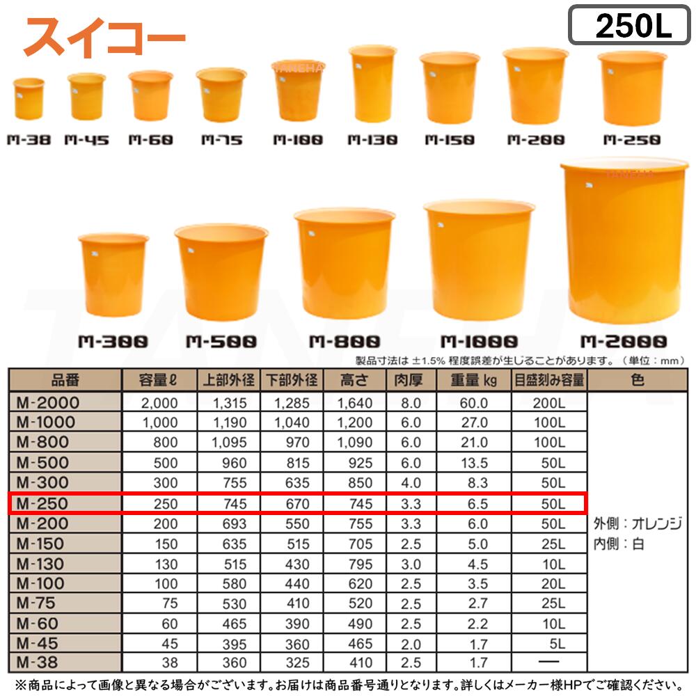 ⊥･ ◎ｽｲｺｰ 《M-250》 M型容器 250L (外側:ｵﾚﾝｼﾞ 内側:白) ﾎﾟﾘｴﾁﾚﾝ製 目盛付丸型開放容器∴農作物,水産物の洗浄仕分け,食品加工,仕込み作業