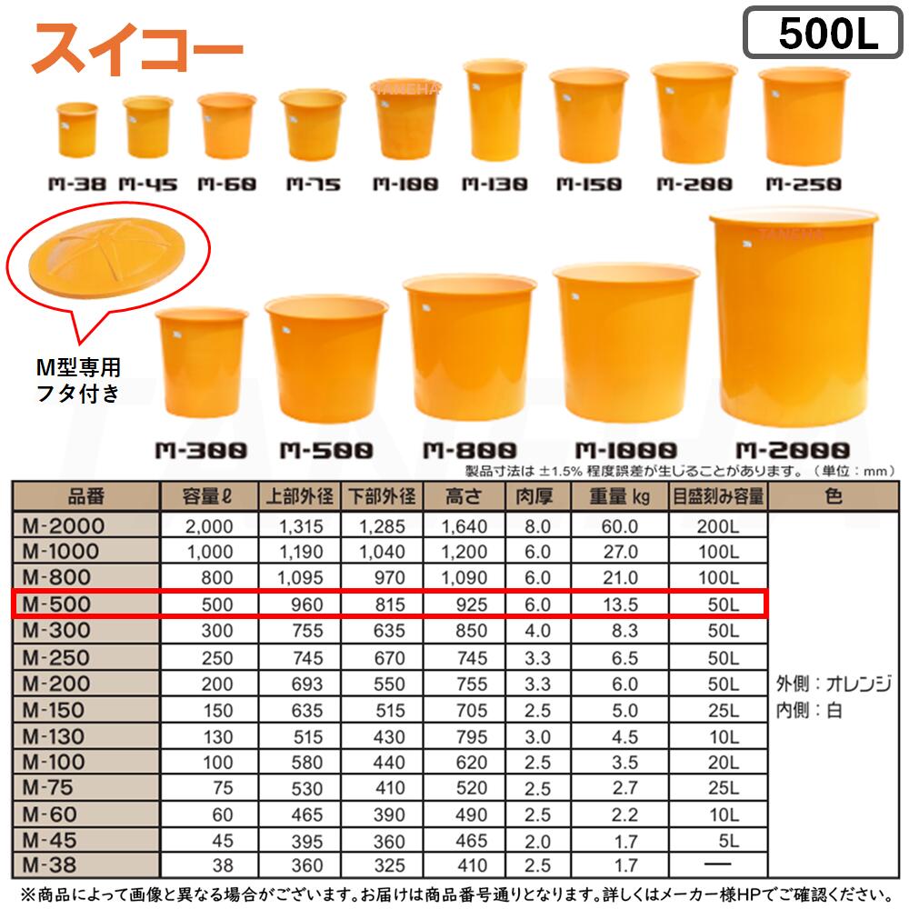 &perp;･ ◎ｽｲｺｰ 《M-500-FUTASET》 M型容器+専用フタ付きｾｯﾄ 500L (外側:ｵﾚﾝｼﾞ 内側:白) ﾎﾟﾘｴﾁﾚﾝ製 目盛付丸型開放容器&there4;農作物,水産物の洗浄仕分け,食品加工,仕込み作業｜たね葉