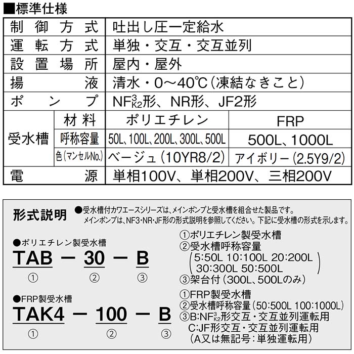 川本製作所 ﾎｰﾑﾎﾟﾝﾌﾟ ｶﾜｴｰｽ 1000L FRP受水槽付:NR156S TAK4-100 付属品