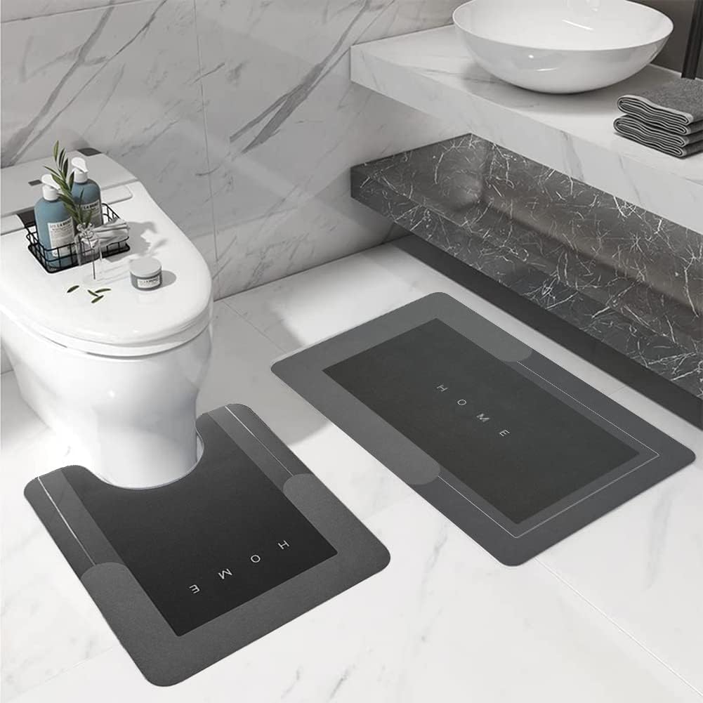 U字型バスマット2点セット 滑り止め 速乾性 浴槽、シャワー、トイレに最適 19.7インチ x 31.5インチ + 19.7インチ x 23.6インチ ダークグレー