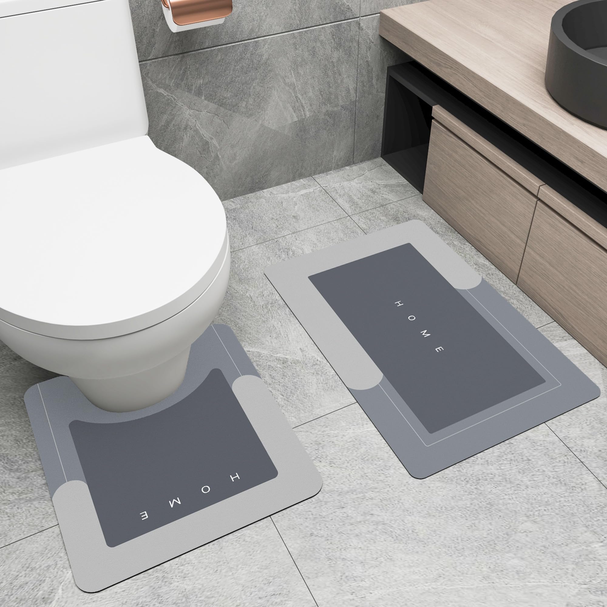 U字型バスルームマット＆トイレラグセット、滑り止め、速乾性、浴槽、シャワー、浴室用のトイレマット＆バスマット、19.7インチ x 31.5インチ + 19.7インチ x 23.6インチ、グレー