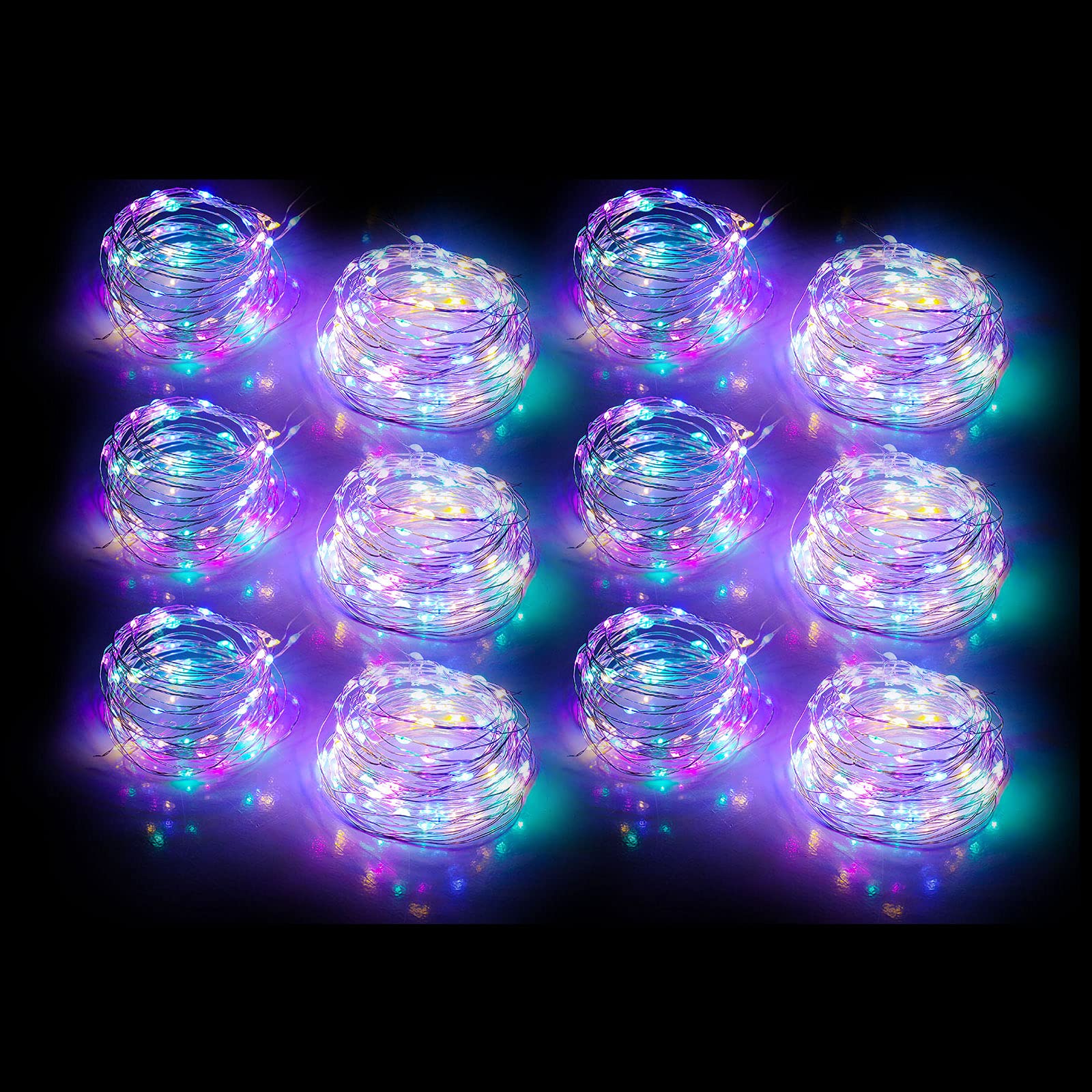 電池式ライト 12個パック ストリングライト 10フィート 30LED 点滅・点灯モード シルバーコード クリスマスデコレーション ミニライト マルチカラー|たねまるクローズショップ