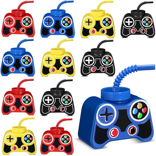 プラスチック製ビデオゲームカップ（ストローと蓋付き）、10オンス。ゲーマー誕生日パーティー、ビデオゲームドリンクカップ（イエロー、レッド、ブルー、ブラック）