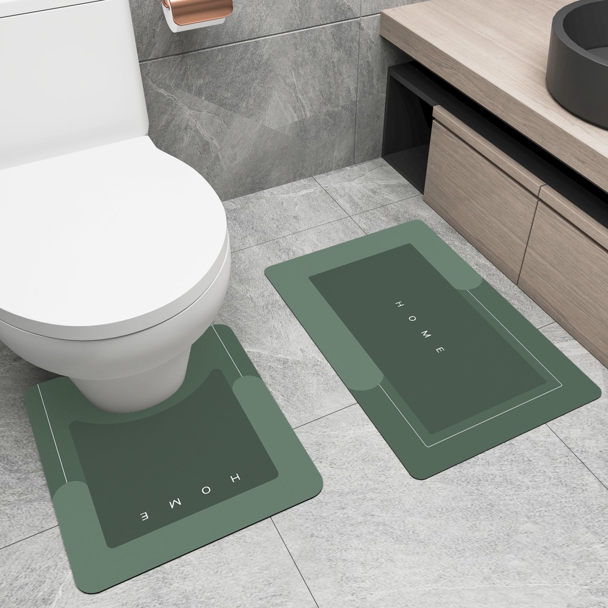 バスルームマットとトイレラグ U字型セット 滑り止め 速乾 トイレマット バスマット 浴槽/シャワー/バスルーム用 19.7インチx31.5インチ+19.7インチx23.6インチ グリーン