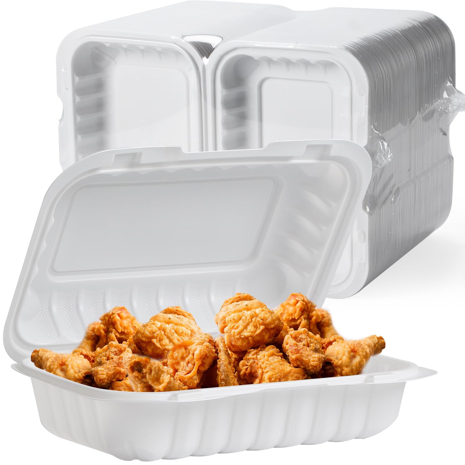テイクアウト食品容器 27オンス プラスチッククラムシェル ふた付き容器 再利用可能 BPAフリー 50個パック ヒンジ付き 高耐久 MFPP ホワイト 使い捨て可能 食事準備用ボックス