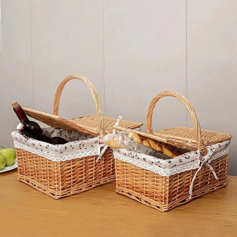 新入荷 ピクニックバスケット 枝編み細工のハンドバスケット ショッピングバスケット 野菜と果物の収納バスケット キッチン収納バスケット