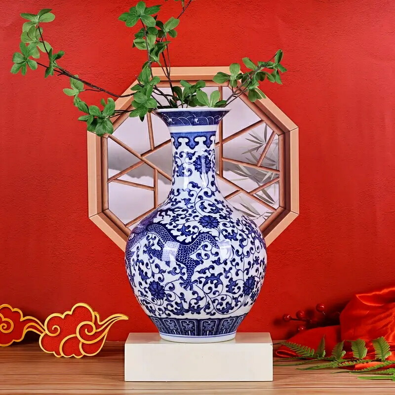花瓶 陶器 中国風 デザイン フラワースタンド 龍の柄 中華風 ヴィンテージ ラウンド セラミック 装飾 玄関 リビング ダイニング テーブル プレゼント 贈り物