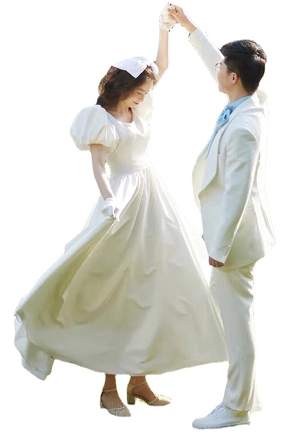 ウェディングドレス 結婚式 花嫁 ミモレ丈 スクエアネック Aライン プリンセスライン オープンバッグ バックレス パフスリーブ バルーン袖 アンティーク サテン ガーデンウェディング 二次会 撮影会 発表会 後撮り
