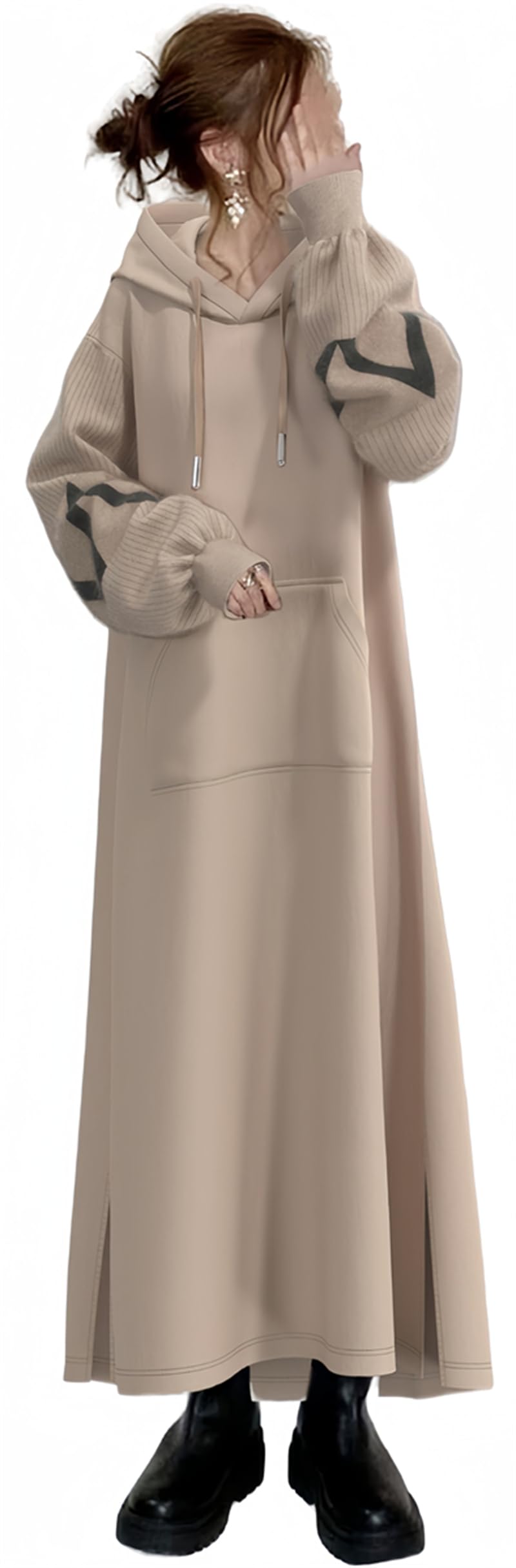 冬ワンピース レディース パーカーワンピース ロングパーカー ドレス 秋服 冬服 ニット袖 ドッキング フッド付き マキシ丈 カジュアル ゆったり シンプル 可愛い オシャレ 着痩せ 大人 春 秋 冬｜たねまるクローズショップ