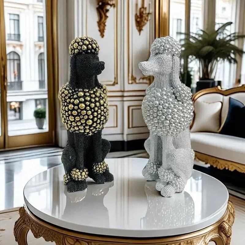 卓上オブジェ 置物 プードル お座り アニマル 動物 犬 ビーズ細工風 樹脂製 インテリア ゴールド シルバー ブラック パーティー 飾り おしゃれ かわいい シンプル アート 3カラー|たねまるクローズショップ