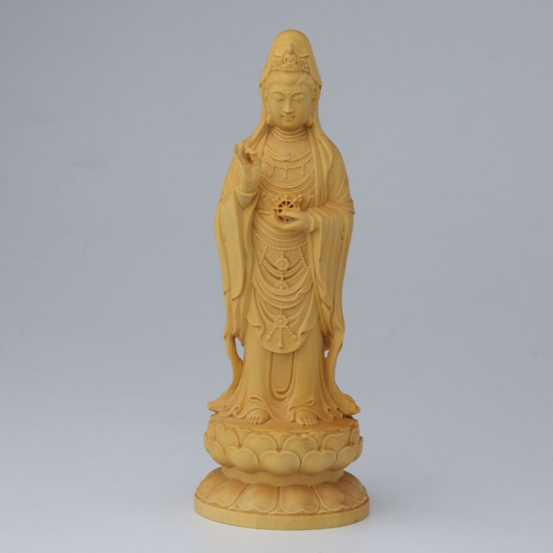 観音菩薩 木彫り 10cm 彫刻 柘植木彫り 仏像 縁起物 祈る 開運 スピリチュアル プレゼント 贈り物 ギフト お土産 お守り 置物 風水 飾り